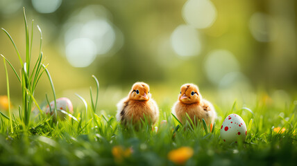 Two little chicks and easter eggs on green grass with bokeh.