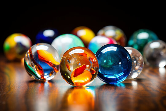 glass marbles rolling on flooe photo closeup
