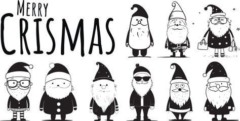 Vector Santa Claus collection. Set of cartoon funny Santa, Black and White. Chrismas collection of Santa Claus figures.