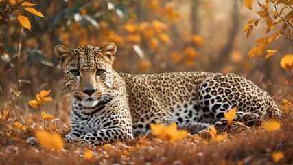 Obraz premium portrait of a leopard resting in autumn forest,Animal wildlife 