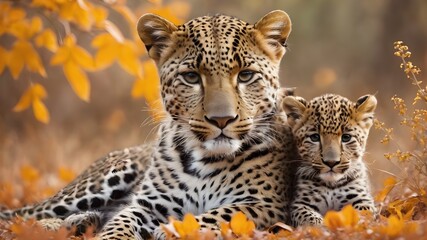 leopard with cub in the middle of autumn tree,love ,beautiful animal photography