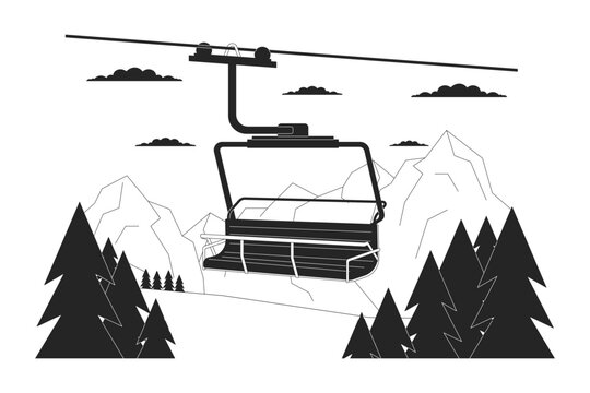 Ski lift chair in forest mountains black and white cartoon flat illustration. Chairlift at ski resort 2D lineart landscape isolated. Elevator cableway woodland monochrome scene vector outline image