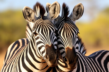 Fototapeta na wymiar a pair of zebras hugging each other