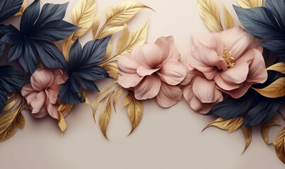 Flowers in the style of watercolor art. Luxurious floral elements, botanical background or wallpaper design, prints and invitations, postcards. Delicate flower leaves 3D, Generative AI