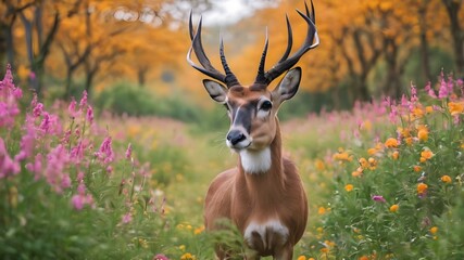 Beautiful deer in the flower field, portrait of deer