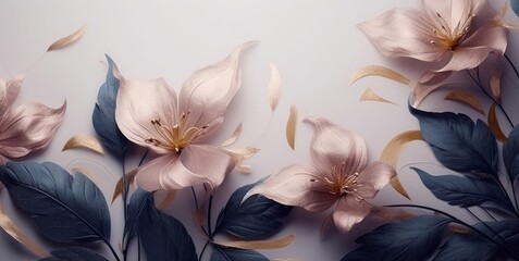 Obraz na płótnie Canvas Flowers in the style of watercolor art. Luxurious floral elements, botanical background or wallpaper design, prints and invitations, postcards. Delicate flower leaves 3D, Generative AI