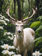 Rain deer close up of a mountain goat in the fantasy flower jungle 