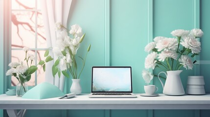 a desktop oasis in cool mint, infusing the digital space with a refreshing and calming hue, creating an environment that promotes focus and clarity - obrazy, fototapety, plakaty
