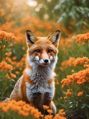 Naklejka premium portrait red fox in the flower jungle 