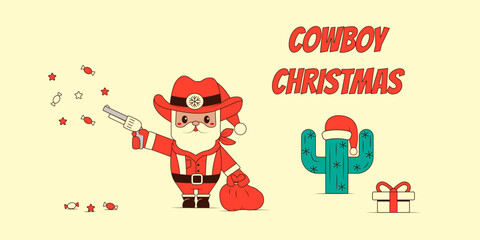 Howdy Santa Claus Cowboy vector illustration in Retro Groove style. Christmas greeting card. Cactus in a red party hat