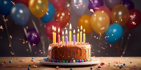 Happy birthday cake with candles, balloons and confetti background. Generative AI - obrazy, fototapety, plakaty