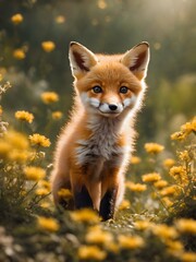 red fox cub in the flower jungle , portrait of fox baby