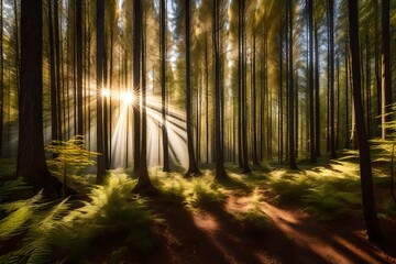 Beautiful forest panorama with bright sun shining through the trees

