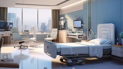 a serene image of a well-equipped hospital room, showcasing modern medical equipment, pristine beds, and a comforting ambiance