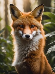 Fototapeta premium red fox portrait in fantasy jungle , beautiful box photography in the wild ,HD clear photo