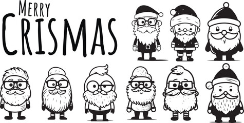 Vector Santa Claus collection. Set of cartoon funny Santa, Black and White. Chrismas collection of Santa Claus figures.