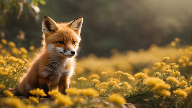 red fox cub in the flower jungle , portrait of fox baby