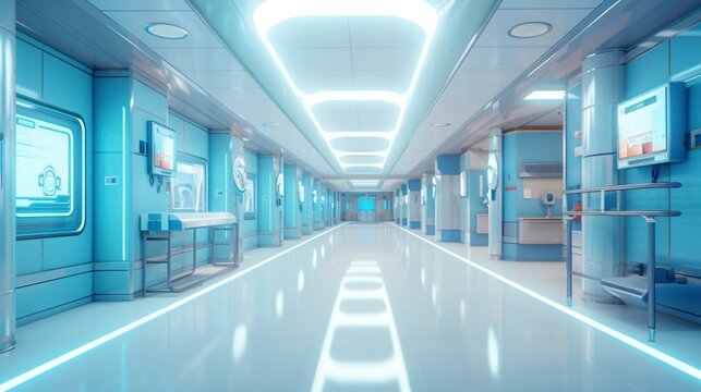 a sophisticated image of a hospital corridor, featuring well-lit hallways, polished floors, and glimpses of specialized medical departments