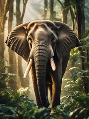 elephant in the middle of jungle, flower field, elephant portrait , fantasy photography