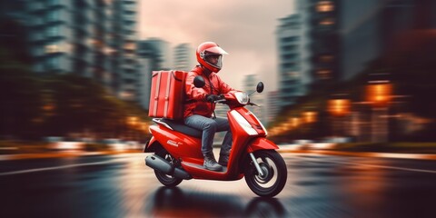 Delivery man ride scooter motorcycle with motion blur cityscape background. Generative AI