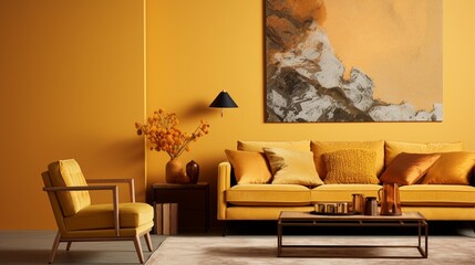 a visual haven with a solid color background in muted mustard, capturing the richness and sophistication that emanates from this earthy and warm palette