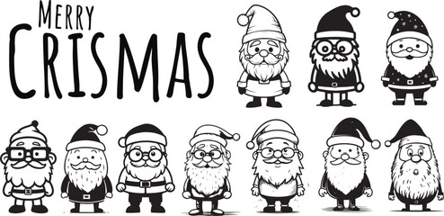 Vector Santa Claus collection. Set of cartoon funny Santa, Black and White. Chrismas collection of Santa Claus figures.