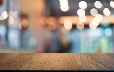 Mock up for space. Empty dark wooden table in front of abstract blurred bokeh background of restaurant . can be used for display or montage your product