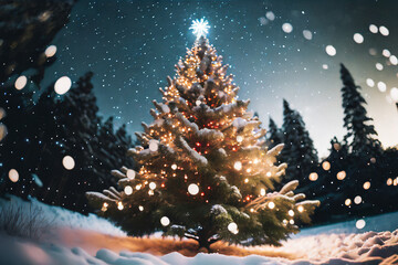 bellissimo albero di natale illuminato montagna neve 