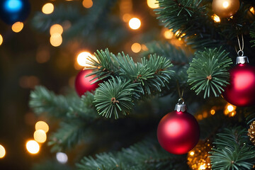 A Christmas tree with colorful baubles and blurred shiny lights with copy space