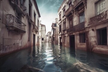 Fototapeta na wymiar A future without humans, the effects of climate change, flooded city. Generative AI
