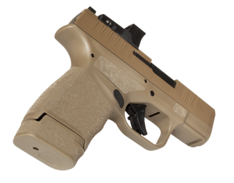 Brown semi auto 9 mm pistol with red dot optic