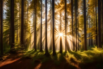 Beautiful forest panorama with bright sun shining through the trees

