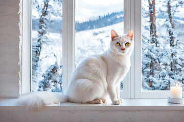white cat in winter against the background of a window