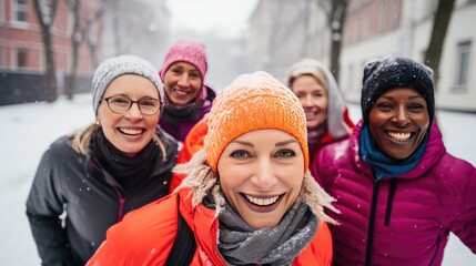Group of people is jogging outside in the snow