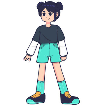 Cartoony Gen Z Girl in Long Sleeve Shirt and Shorts