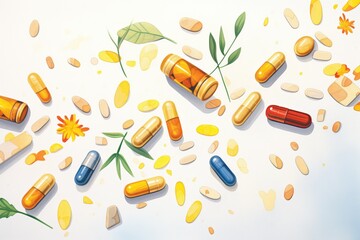 wide shot of herbal capsules scattered on a plain surface - obrazy, fototapety, plakaty