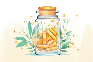 close-up shot of transparent pill bottle with herbal capsules inside - obrazy, fototapety, plakaty