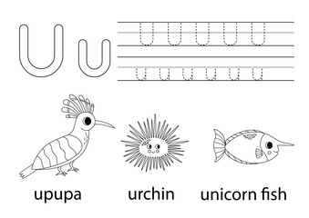 Trace uppercase and lowercase letter U. Animal alphabet for kids.
