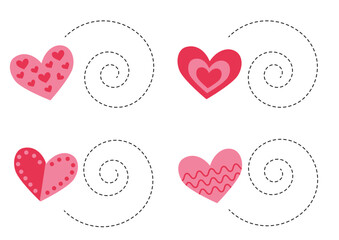 Tracing spiral lines for kids. Cute cartoon pink hearts. Handwriting practice.