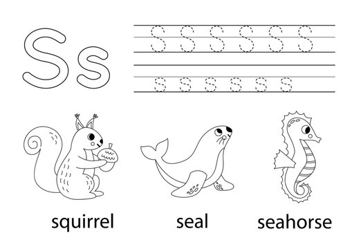 Trace uppercase and lowercase letter S. Animal alphabet for kids.