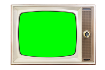 Old vintage 1970s TV with green screen for adding video isolated on white background.Vintage TVs 1960s 1970s 1980s 1990s 2000s. 