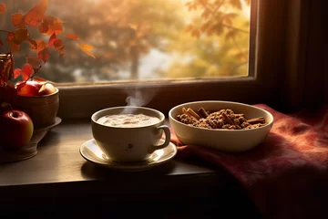 Foto op Canvas A cozy autumn morning scene featuring a steaming bowl of hot cereal topped with cinnamon and sliced apples - set in a warm and inviting kitchen ambiance with autumn decorations. © Davivd