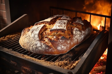 A homely kitchen scene with rustic cereal bread baking in the oven - made with whole grain ingredients - emphasizing the wholesome and hearty nature of homemade bread.
