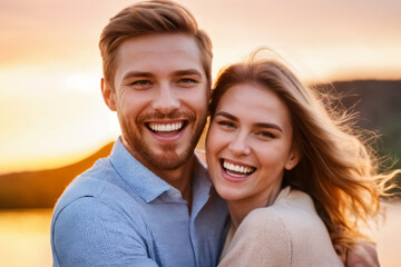 Obraz premium close up portrait of a happy couple against sunset