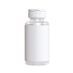 Photorealistic rendering of a medical jar for capsules, tablets, pills with an empty label. Isolated on a white background. Front view