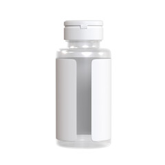 Photorealistic rendering of a medical jar for capsules, tablets, pills with an empty label. Isolated on a white background. Back view