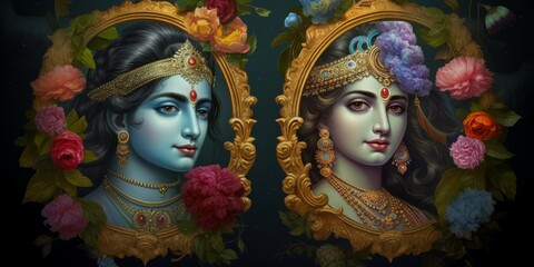 Lord Krishna Wall Poster, Lord Radha Krishna, Digital Wall Poster. Generative AI - obrazy, fototapety, plakaty