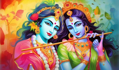 Radha Krishna, Lord Krishna, Radha Krishna Painting with colorful background, Generative AI - obrazy, fototapety, plakaty