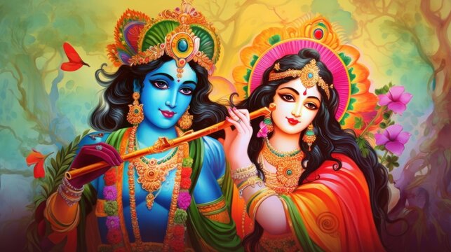 Radha Krishna, Lord Krishna, Radha Krishna Painting with colorful background, Generative AI
