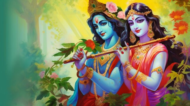 Radha Krishna, Lord Krishna, Radha Krishna Painting with colorful background, Generative AI